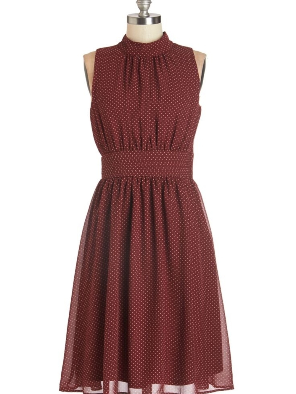 Modcloth Azalea Sleeveless Burgundy Polka Dot Midi Dress